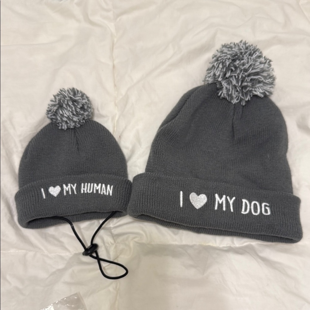 Gray Knit Beanie Set for Kids and Pets